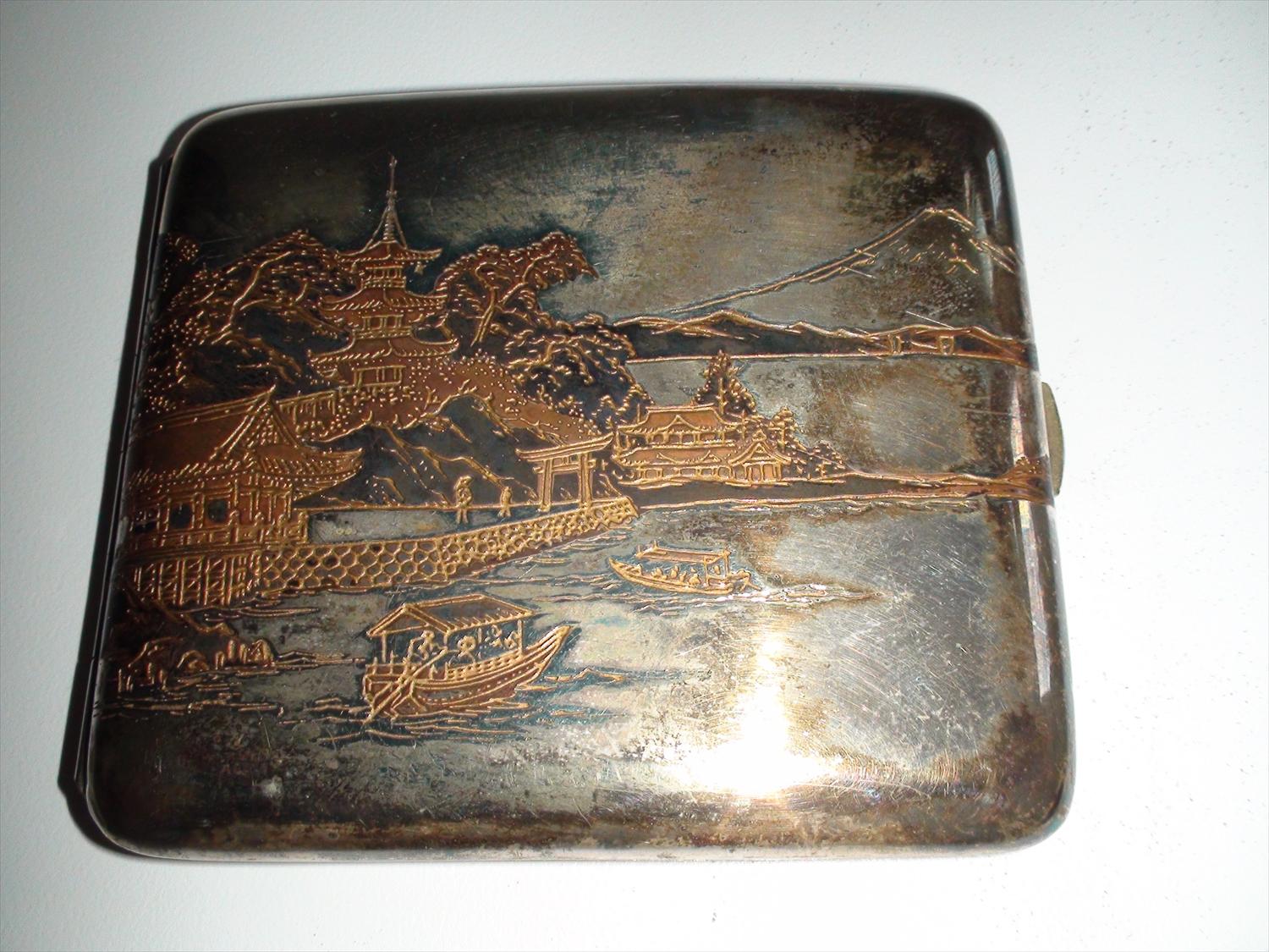 Antique Japanese sterling silver cigarette case Mount Fujiyama w