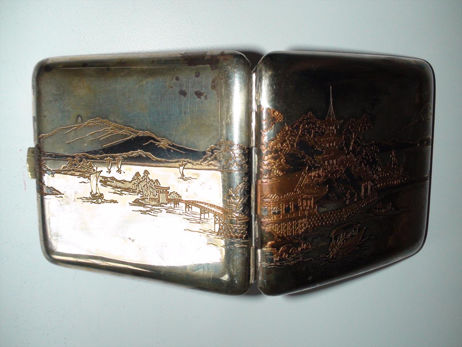 Antique Japanese sterling silver cigarette case Mount Fujiyama w