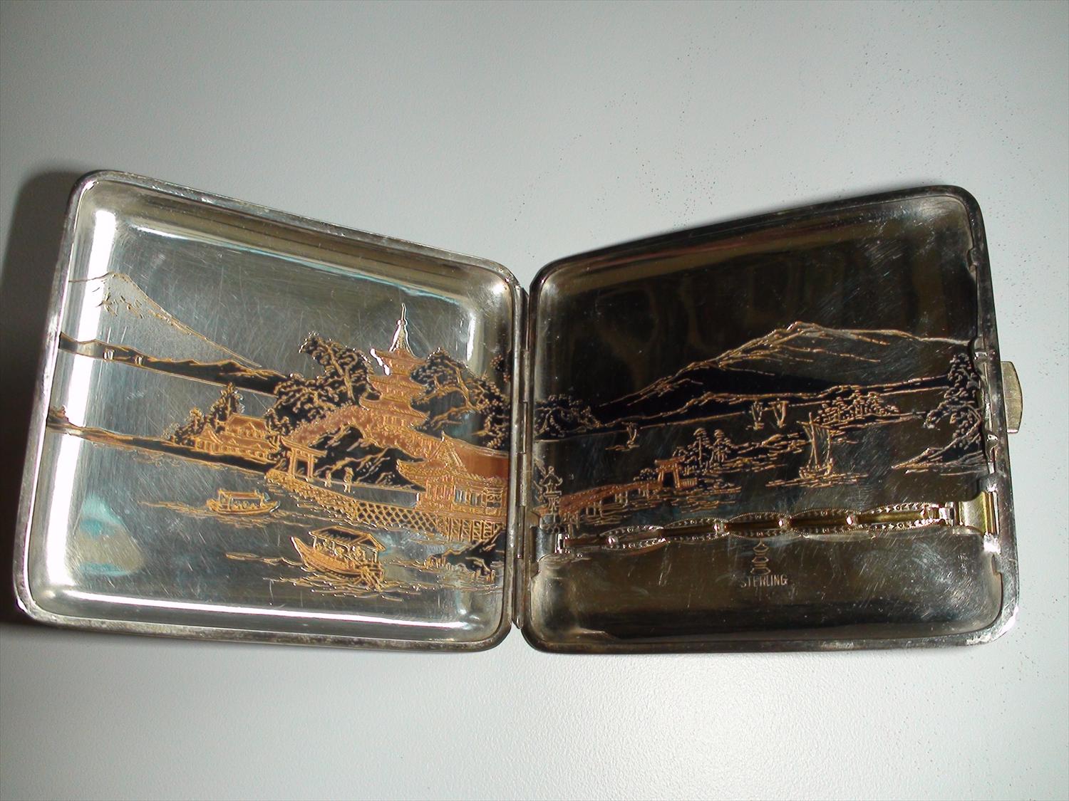 Antique Japanese sterling silver cigarette case Mount Fujiyama w