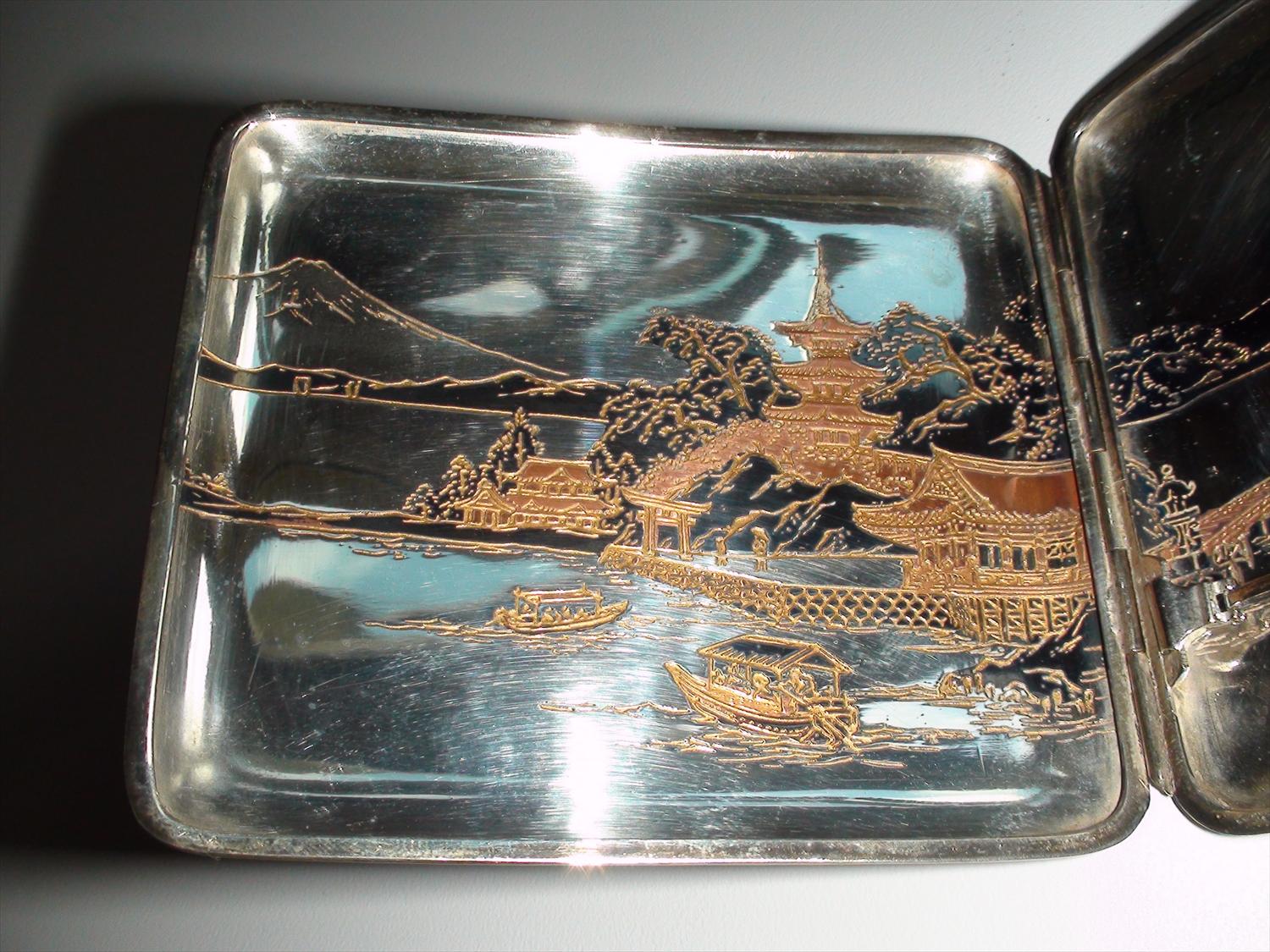 Antique Japanese sterling silver cigarette case Mount Fujiyama w