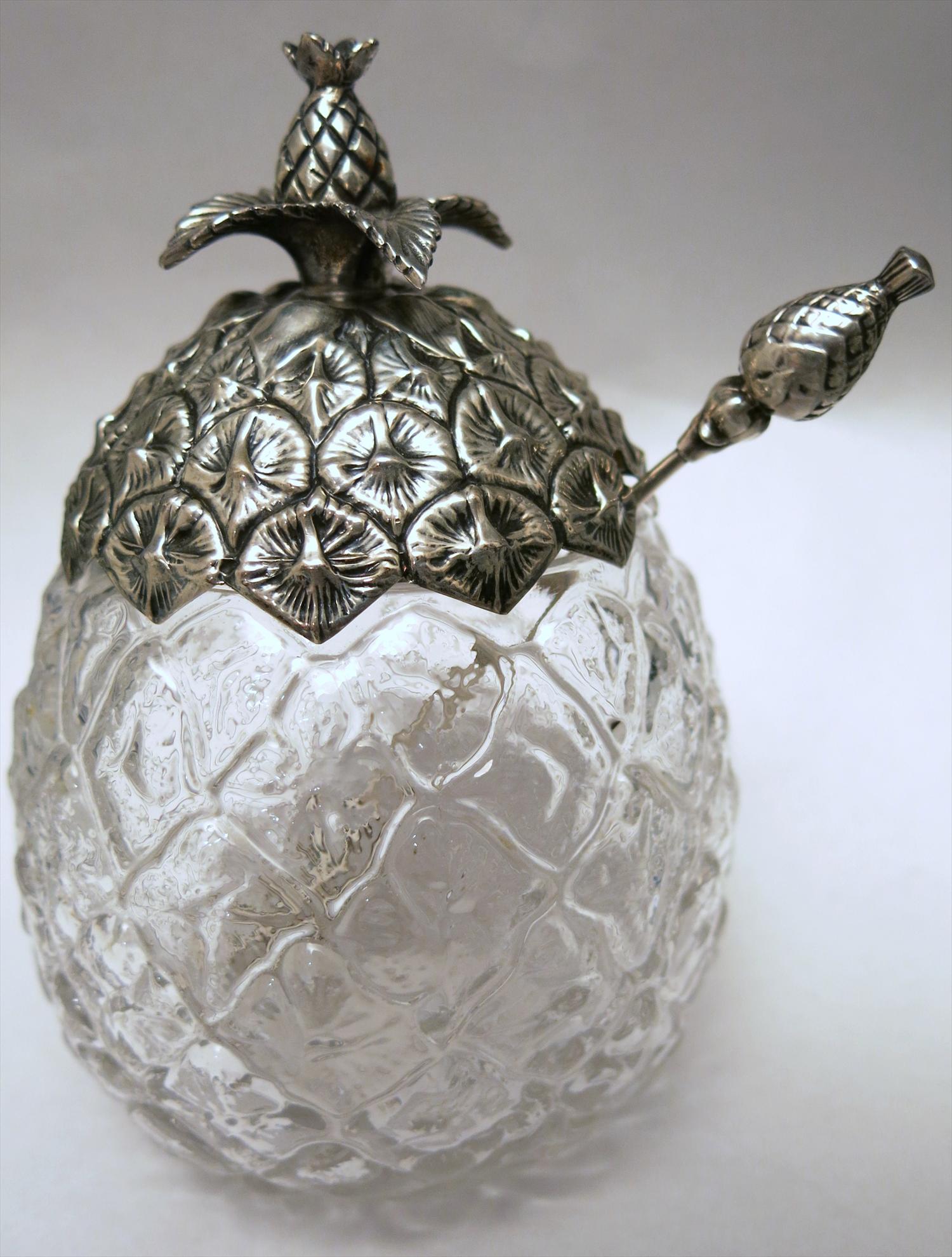 Rare antique Gorham Sterling Silver Pineapple Jam crystal Jar with Lid