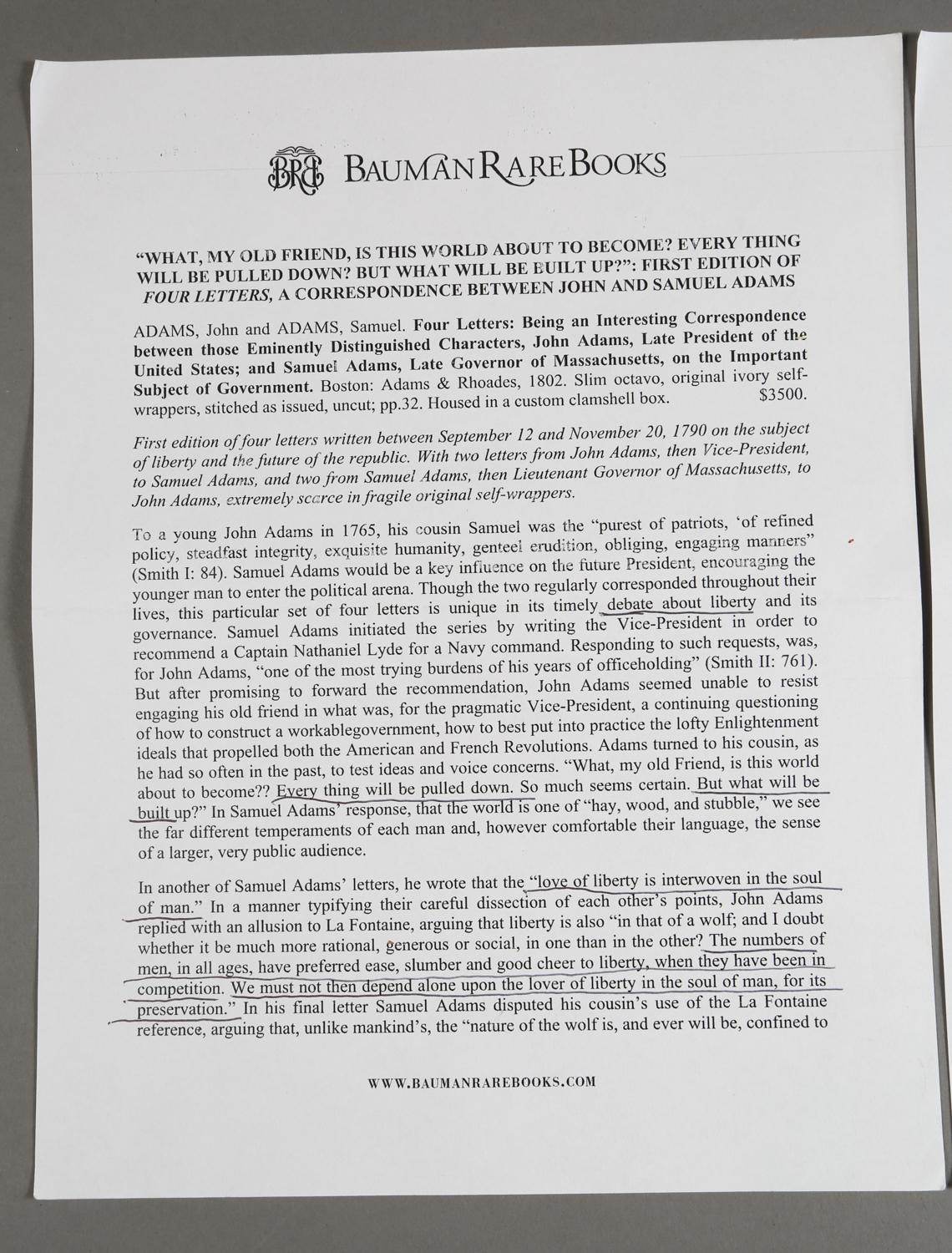 Igavel Auctions Adams John And Adams Samuel Four Letters Being An Interesting Correspondence 1802 Sbc2
