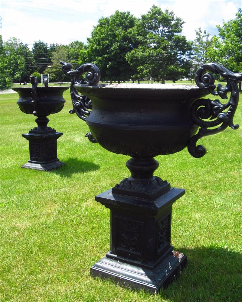iGavel Auctions: Pair Large Antique Cast Iron Garden Urns on Plinths, C